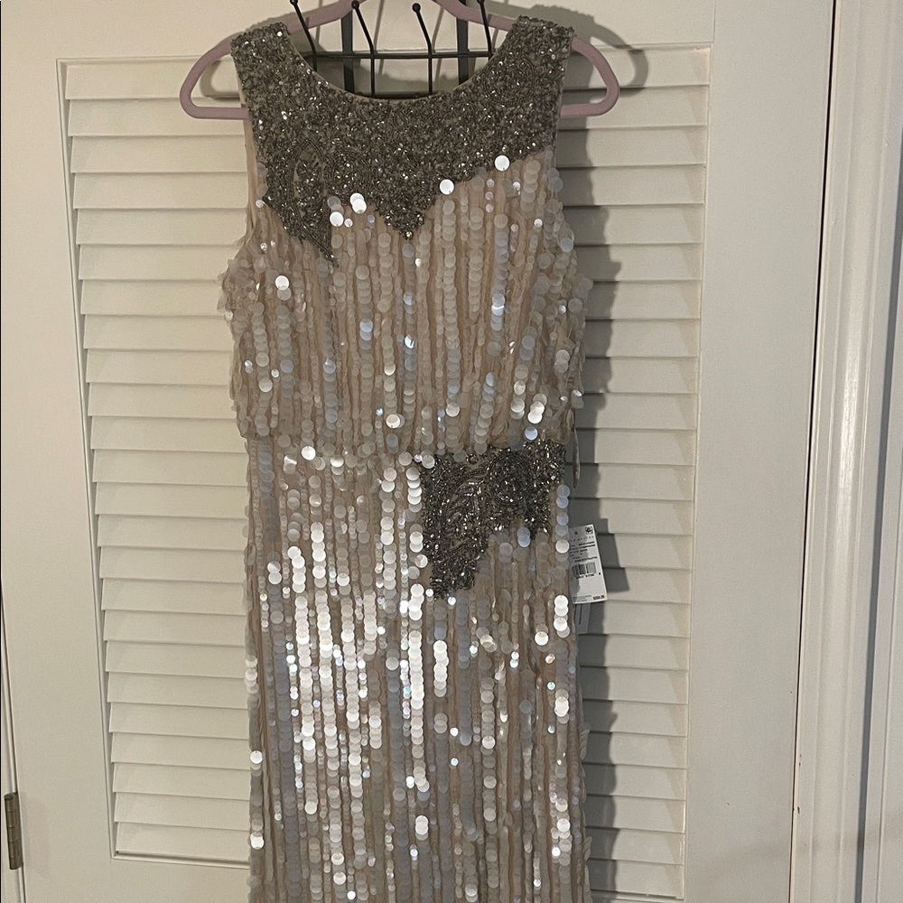 $595 Aidan Mattox Nude Mesh Cream Sequins Pewter Left Hip Beading NWT Dress